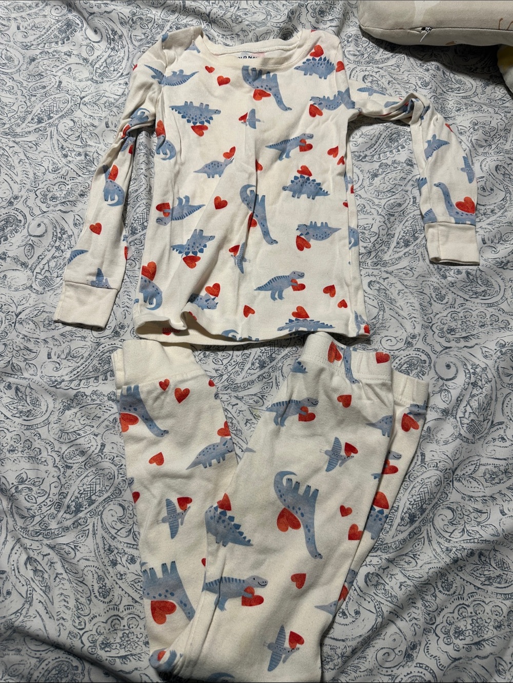 Old Navy Cream Pajama Set with Blue Dinosaurs & Red Hearts